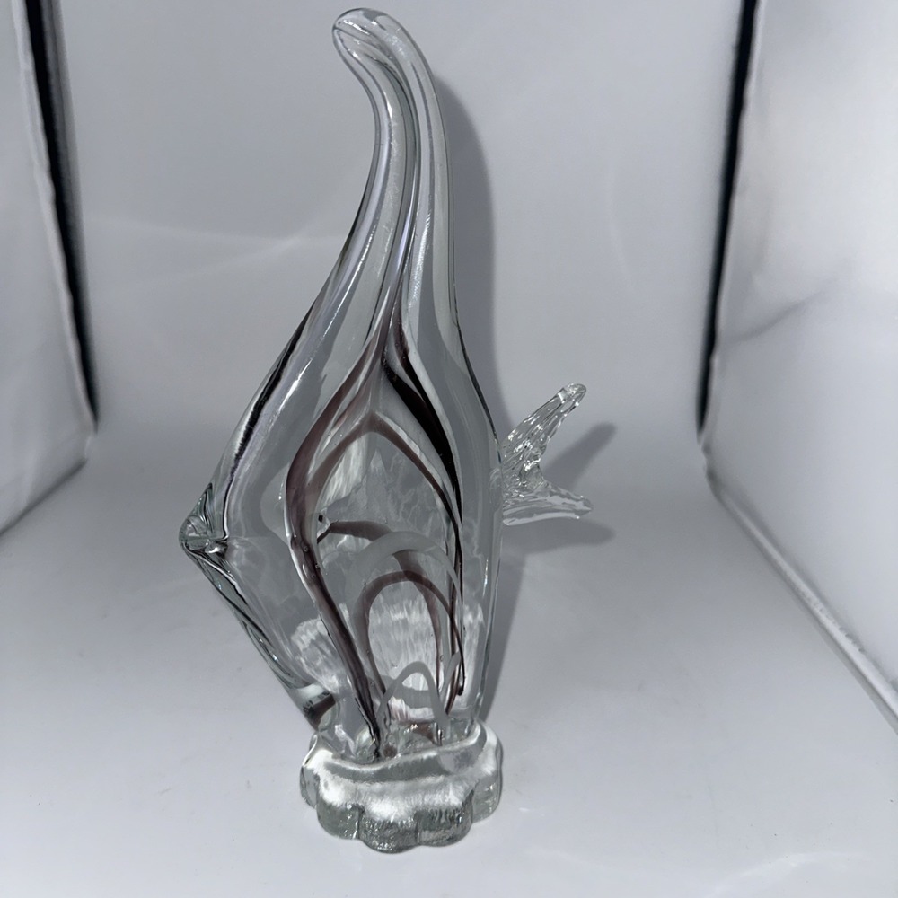 8.5" Hand Blown Clear Glass Angelfish Sculpture Figurine Art Decor Swirl Veins